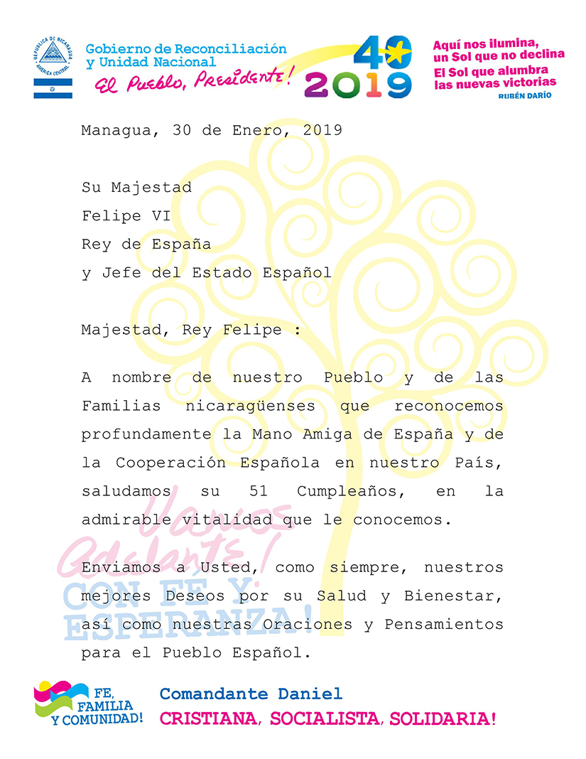 Nicaragua saluda el cumpleaños en España del Rey Felipe VI